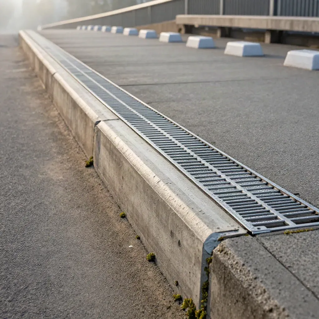 Dettaglio macro di un piccolo ponte urbano all’alba con griglie e sigilli nuovi.